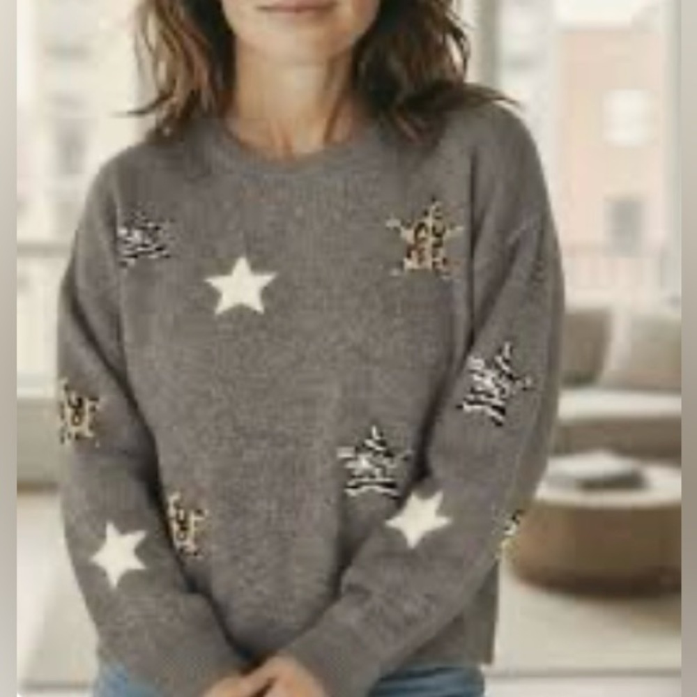 Spring + Mercer Gray Cashmere Sweater with Star Accents - Size XL